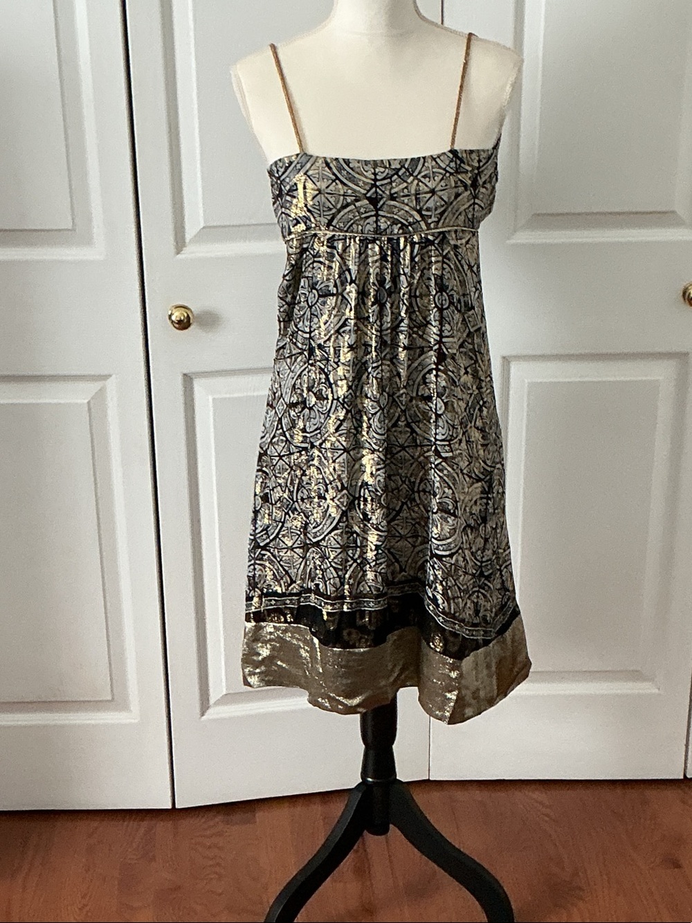Nicole Miller Black and Gold Empire Spaghetti-Strap Mini Dress